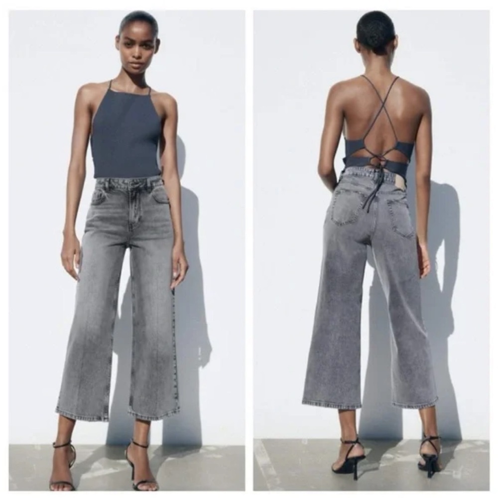 Zara Women's Straight wide Leg Cripped Jeans in Gray color high waisted size 4